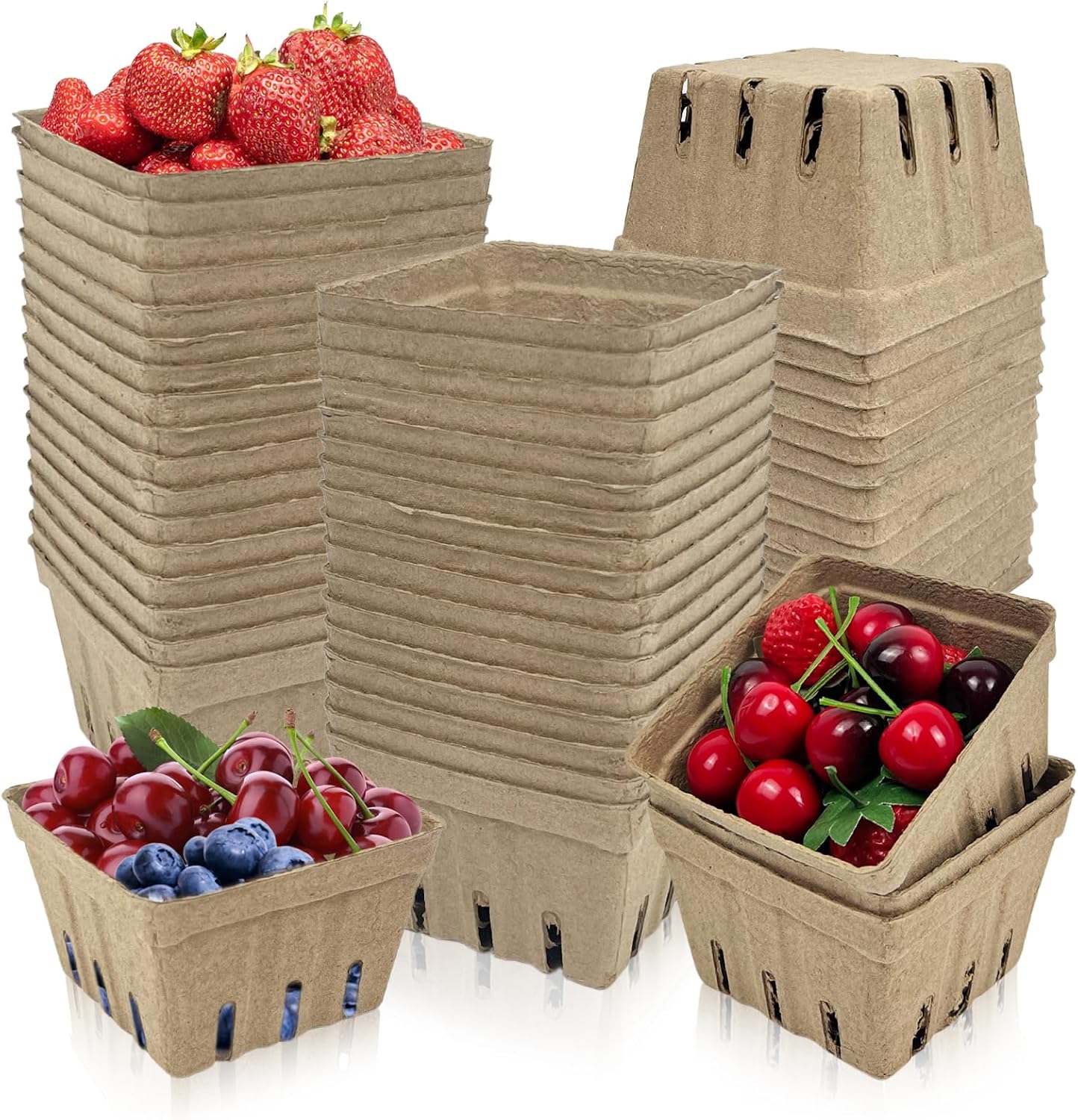 Rainmae 50 Pack Natural Pulp Fiber Berry Basket, Molded Berry Basket Produce Vented Container for Strawberry Blueberry Raspberry and Vegetable, Farmer Market, Grocery Stores, Backyard Party