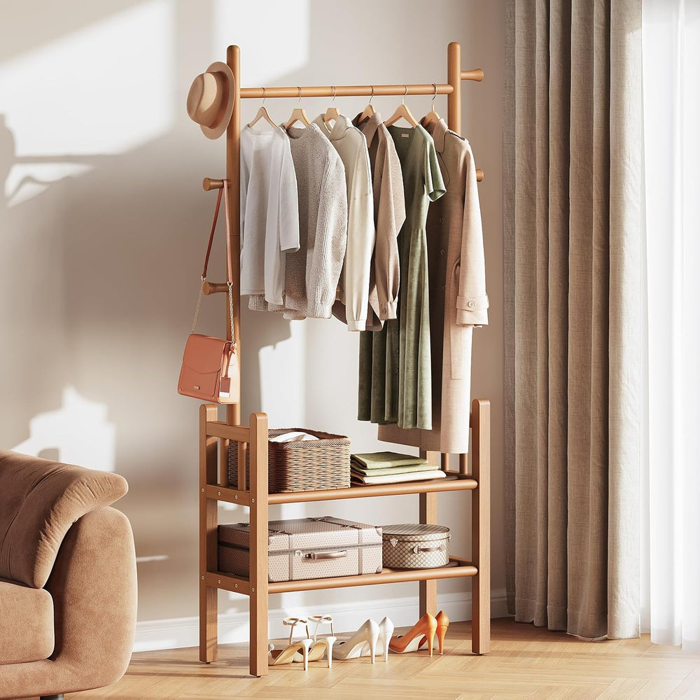 Yoobure Solid Wood Clothing Rack with Shelves - Coat Rack Freestanding with 6...