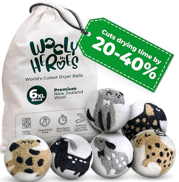 No More Dryer Sheets! Reusable Wool Dryer Balls XL 6-Pack by WOOLYHEROES