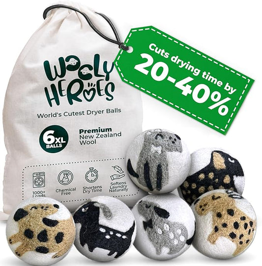 No More Dryer Sheets! Reusable Wool Dryer Balls XL 6-Pack by WOOLYHEROES