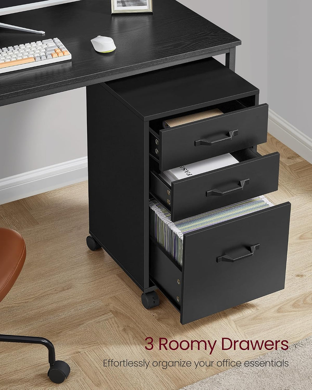 VASAGLE Mobile File Cabinet, 3 Drawers Filing Cabinet with Wheels