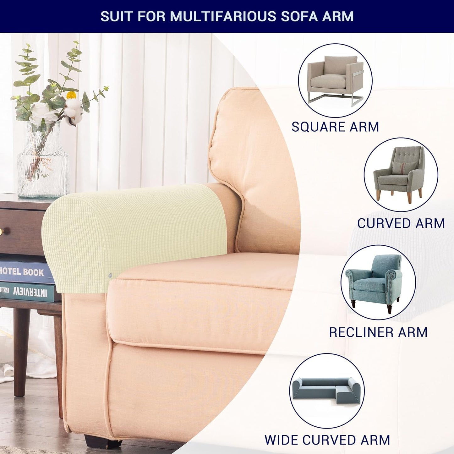 SUBRTEX Stretch Couch Arm Covers Set of 2, Checkered Sofa Arm Slipcovers, Anti-Slip Armrest Covers for Recliner and Armchairs, Pet Proof, High Stretchy, Hook & Loop Tape, Ivory