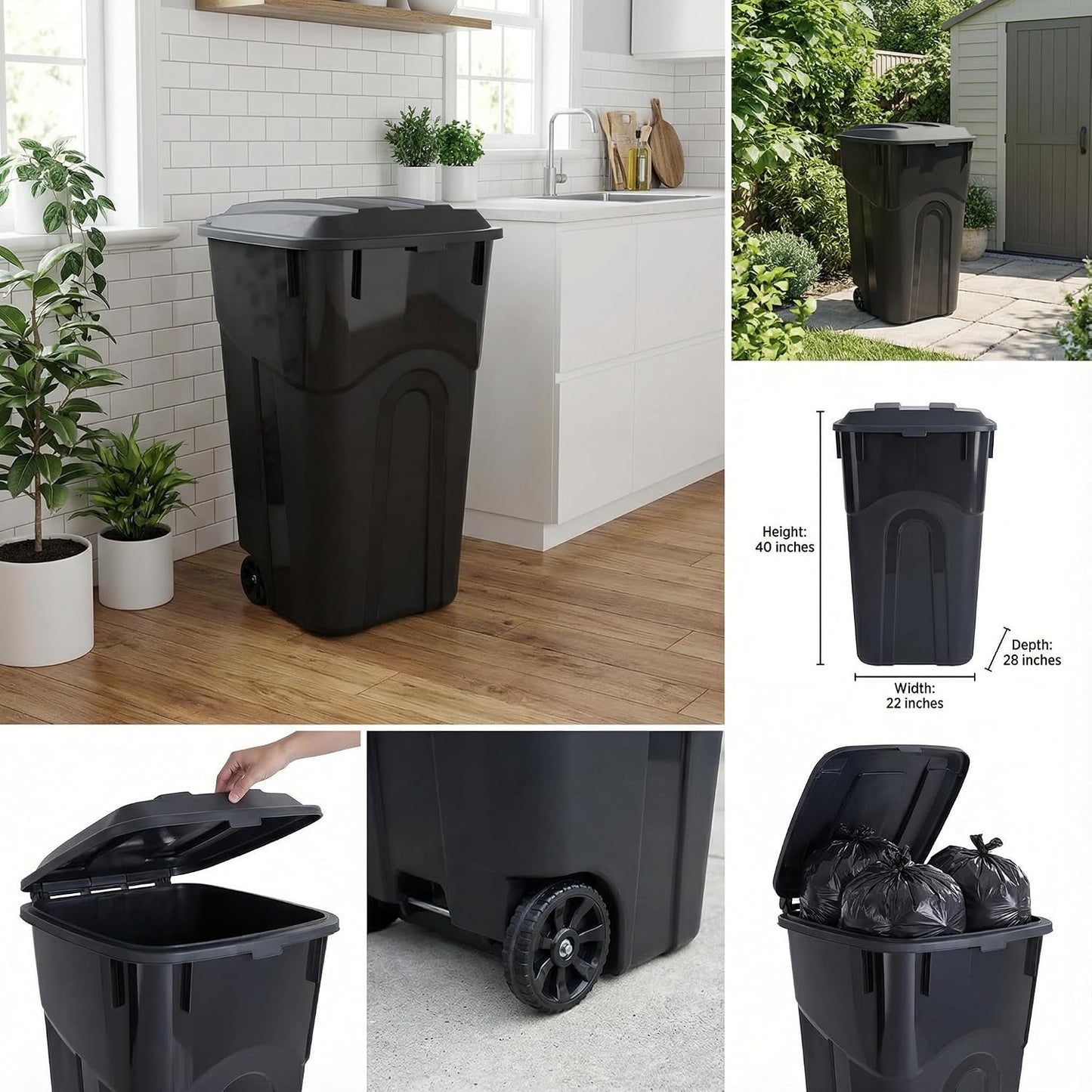 32 Gallon Wheeled Heavy Duty Plastic Garbage Can with Attached Lid – Rugged Wheels, Easy Grip Handle for Indoor/Outdoor Use