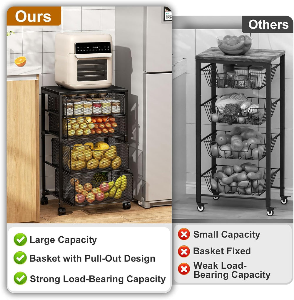 Kitchen Rolling Cart with 4 Storage Drawers, 4-Tier Fruit Vegetable Storage C...