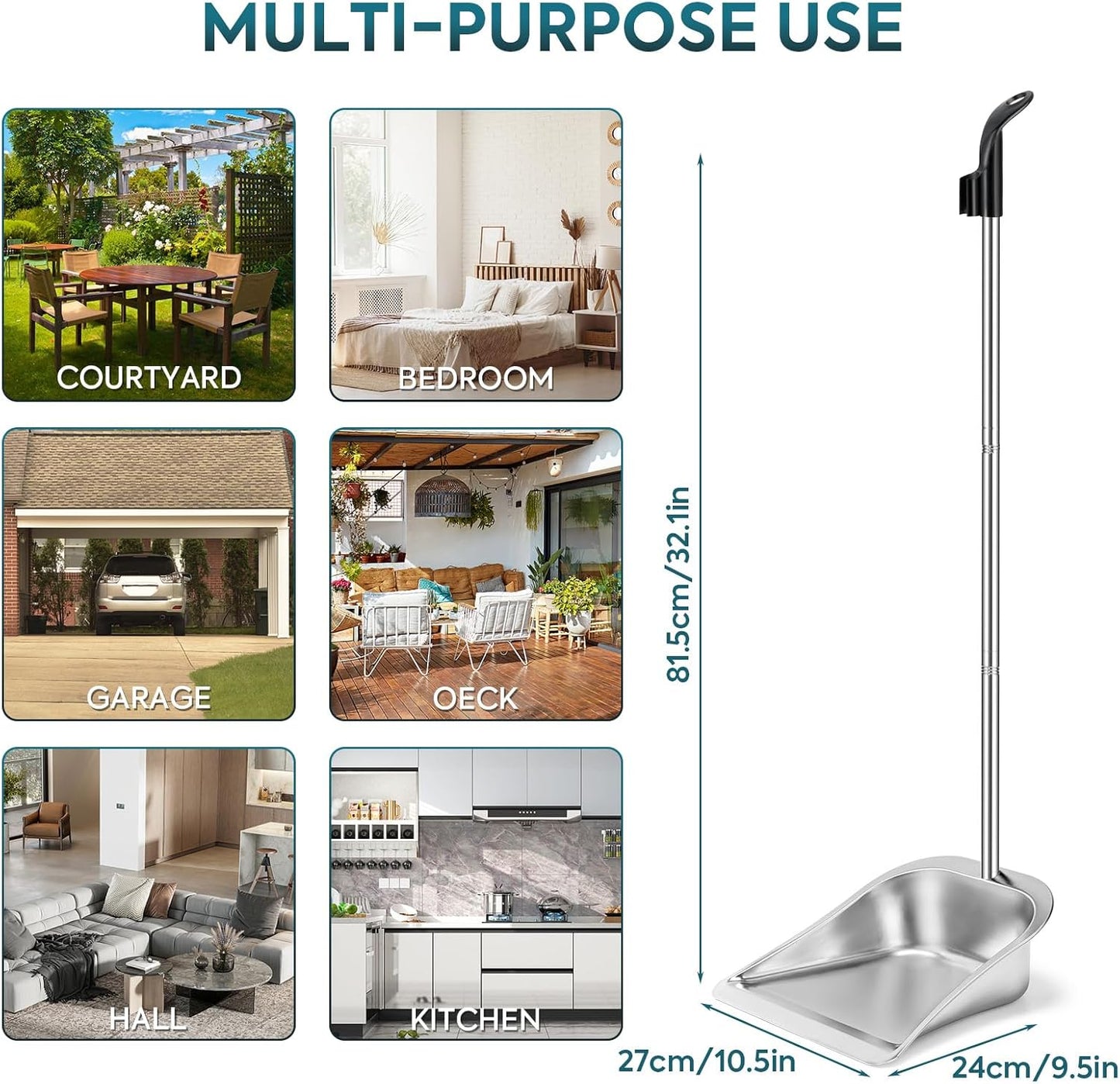 Yangbaga Dust Pans with Long Handle - 35”Heavy Duty Metal Upright Stand Up Dustpan - Long Handled Stand Up Dustpans - Best Dustpans for Home/Lobby/Shop/Garage/Yard