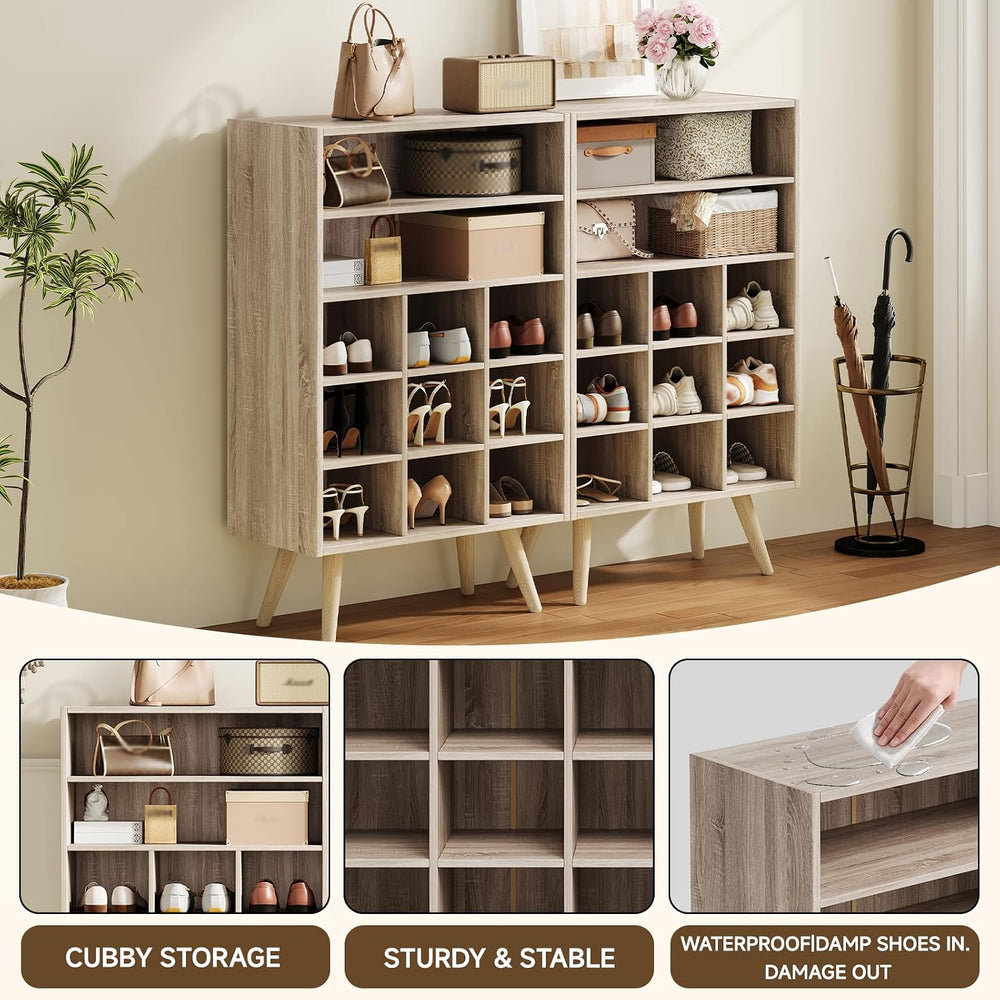 5 Tiers Wood Shoe Rack with Legs, Stackable Shoe Cubby with 2 Storage Shelves...