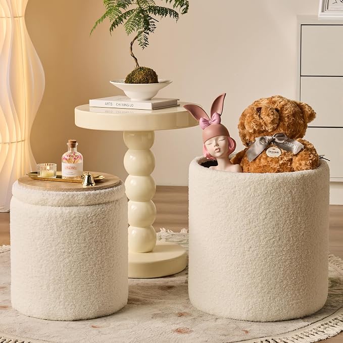 Round Ottoman with Storage Set of 2-Upholstered Sherpa Vanity Stool - Image 4