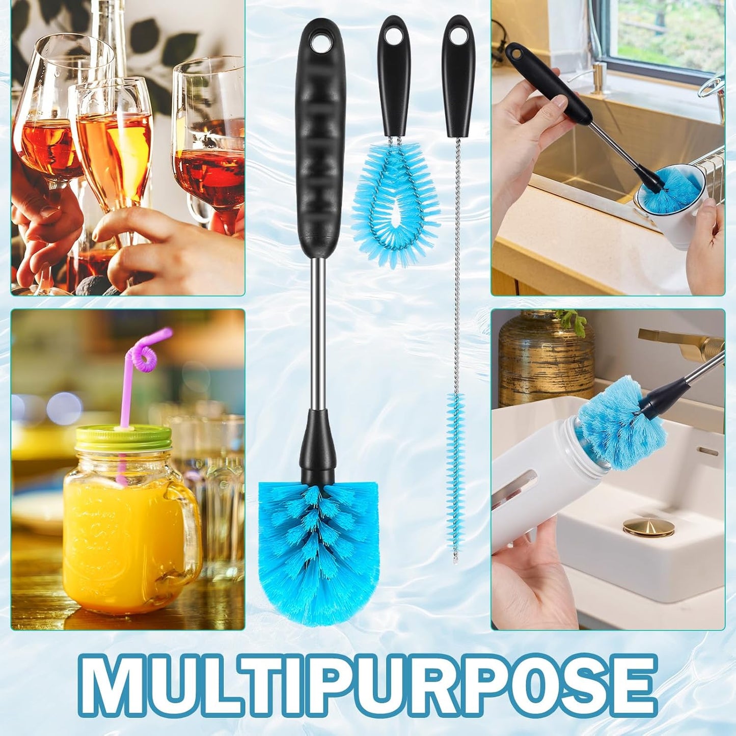 12.2 inch Bottle Brush Set of Three，Washable Coffee Cups, Water Bottles, Baby Bottles, Straws, to-go Cups, Long-Handled 3-in-1 Stainless Steel Bottle Brushes. (Blue)