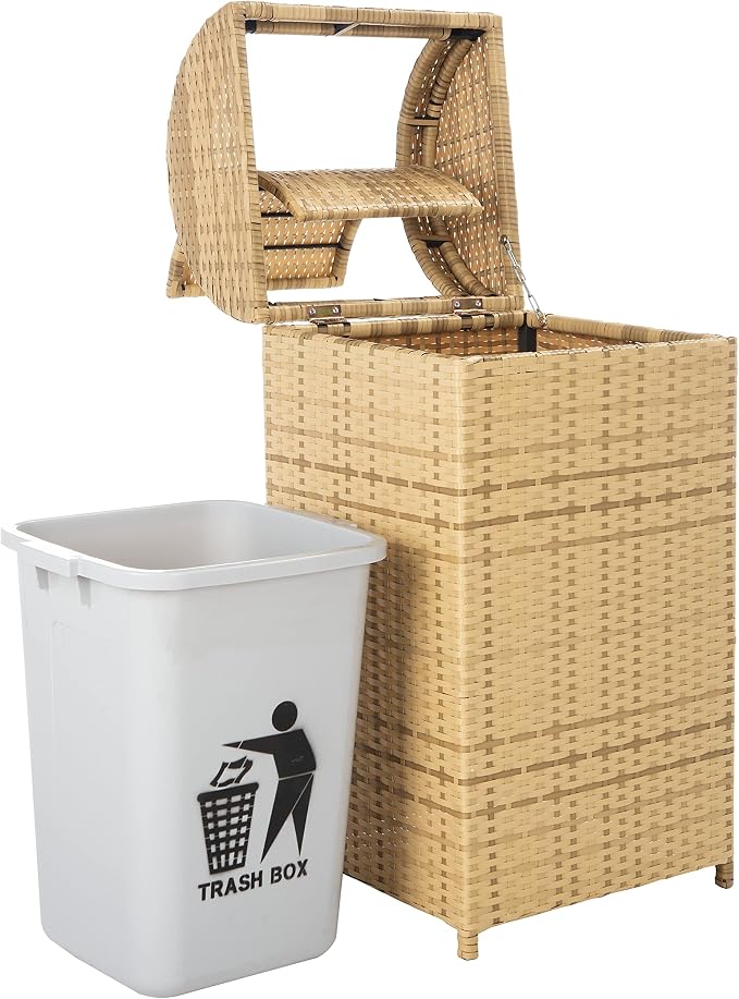 SAFAVIEH Outdoor Collection Mazeli Natural Woven Swing Top Dome Lid Trash Bin - Image 5