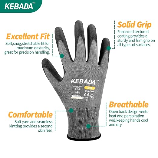 Kebada Safety Work Gloves, 120 Pairs Bulk Pack, Touchscreen, PU Coated - Image 2