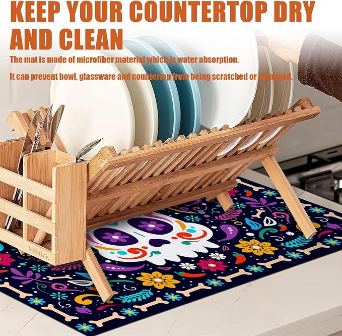 Sugar Skull Dish Drying Mat for Kitchen Counter Microfiber Absorbent Dish Day - Image 6