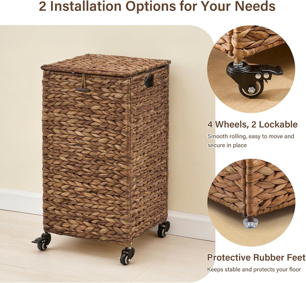 Hand-Woven Natural Water Hyacinth Laundry Basket with Wheels