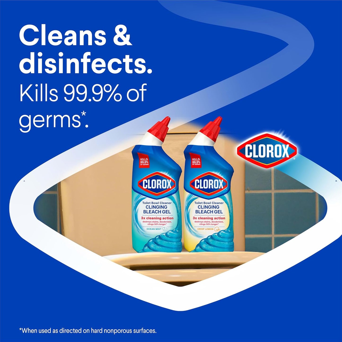Clorox Toilet Bowl Cleaner Clinging Bleach Gel, Kills 99.9% of Bacteria and Viruses, Ocean Mist, 24 Fl Oz, Pack of 2