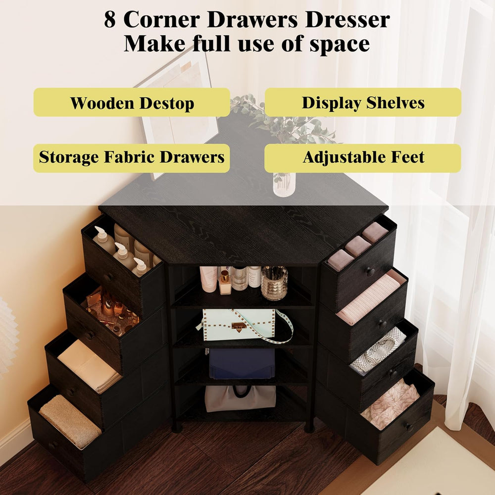 LUMTOK 8 Drawers Corner Dresser with Fabric Drawers and Shelf for Bedroom
