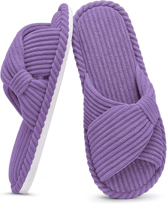 Evshine Summer House Slippers for Women Corduroy Cross Bow Indoor Slippers Open by Evshine