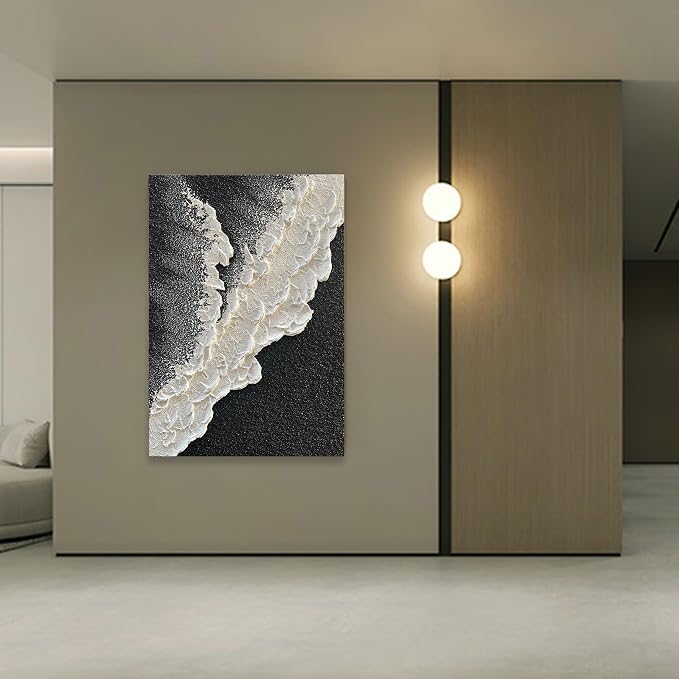NANKAI Handcrafted Thick Texture Black and White Abstract Canvas Art Ocean Wave - Image 7