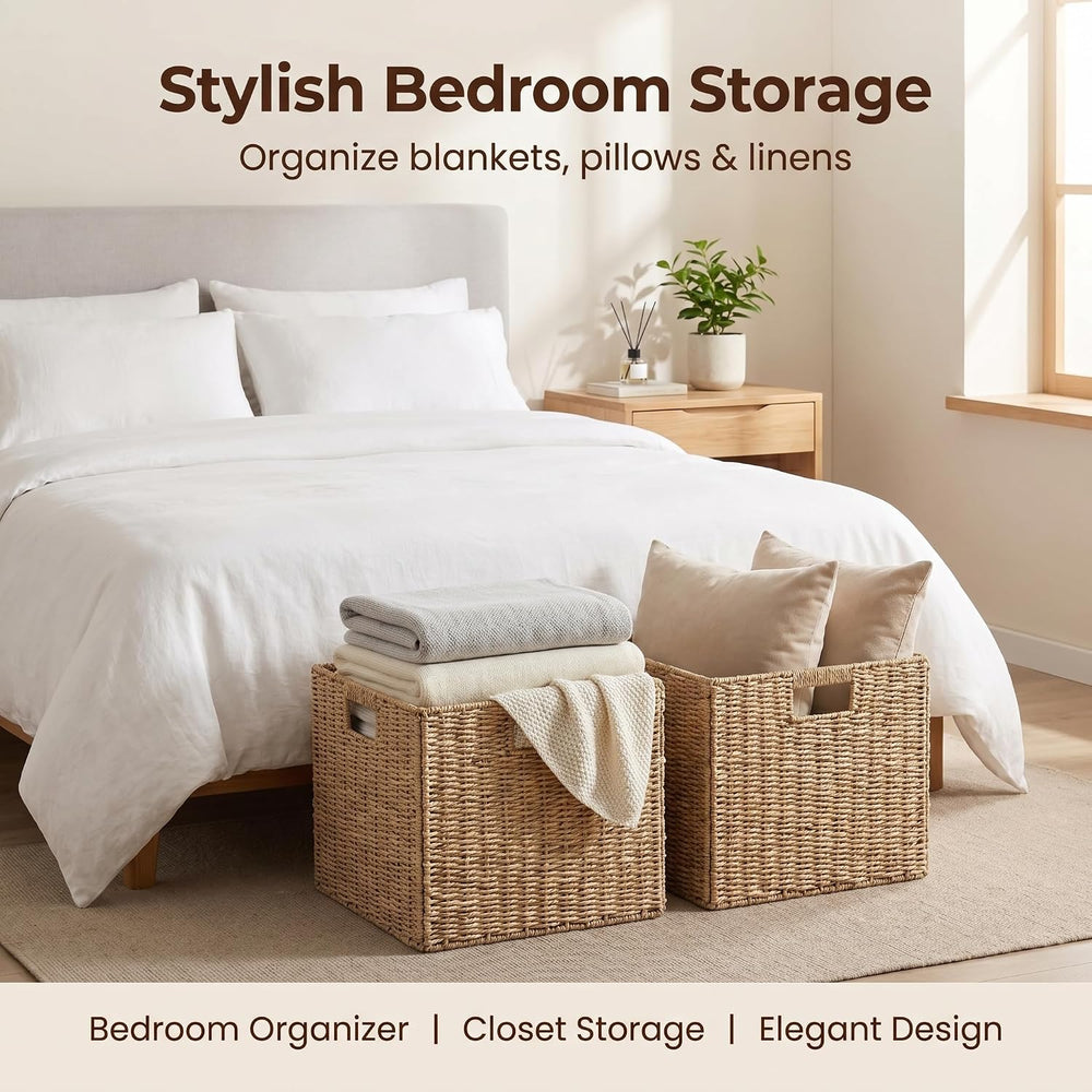 13x13x13 Inch Wicker Storage Basket Set of 2, FAAYUCK Handwoven Storage Cube ...