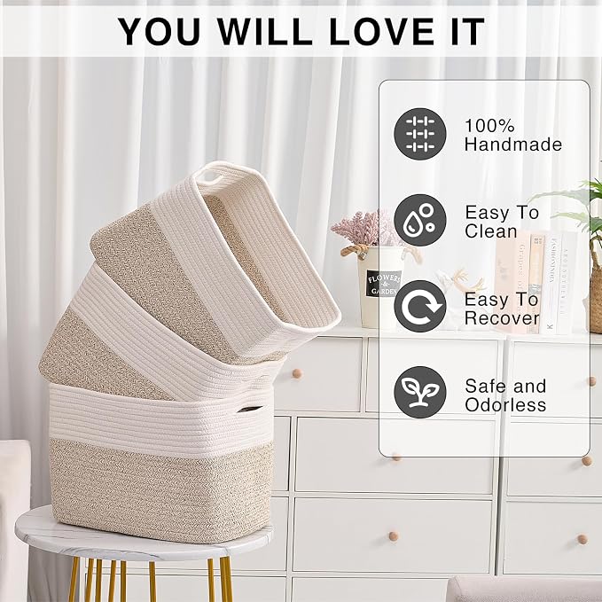 Storage Baskets for Organizing, Woven Cotton Rope Basket for Storage Books - Image 5