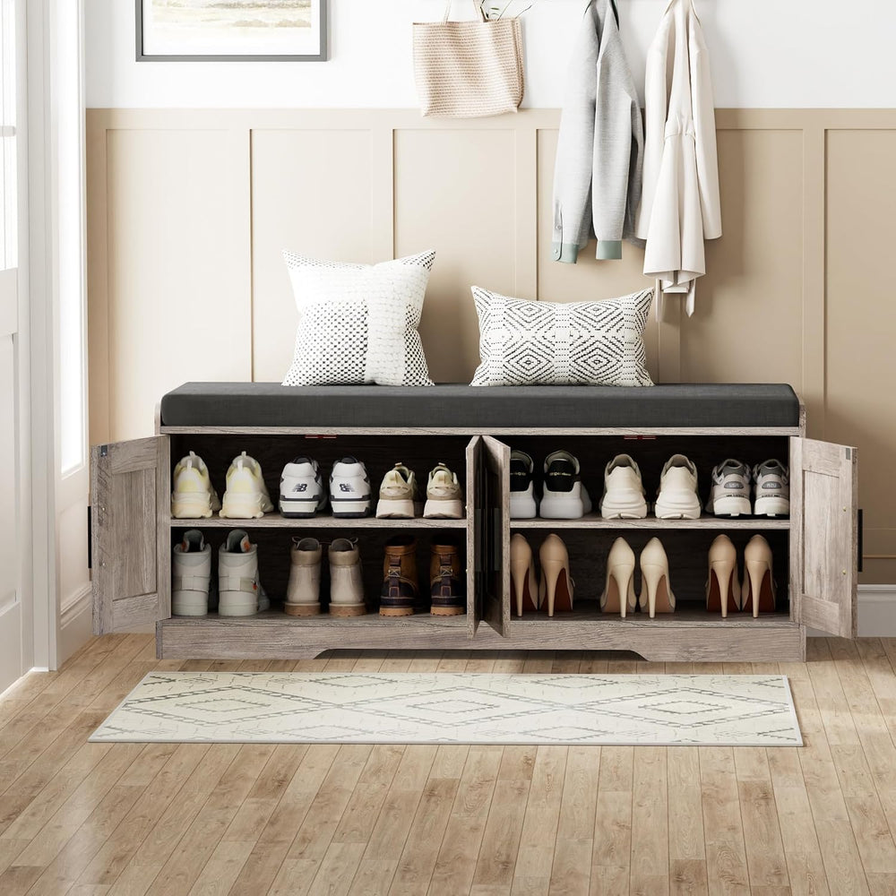 Homleke Shoe Storage Bench, 4 Doors & Thickened Padded Seat Cushion