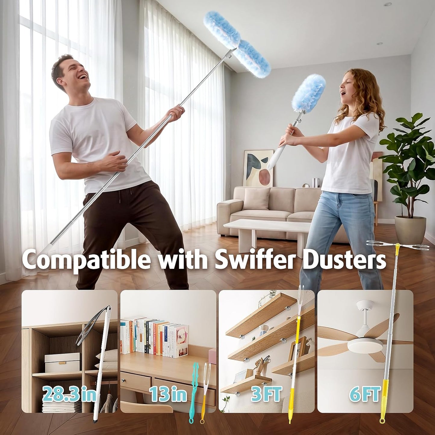 6 ft Extendable Duster Handle with 20 Refills, Compatible with Swiffer, Disposable Microfiber Dusting Pads for Home Cleaning, Ceiling, Fan, Window, Hard-to-Reach Areas