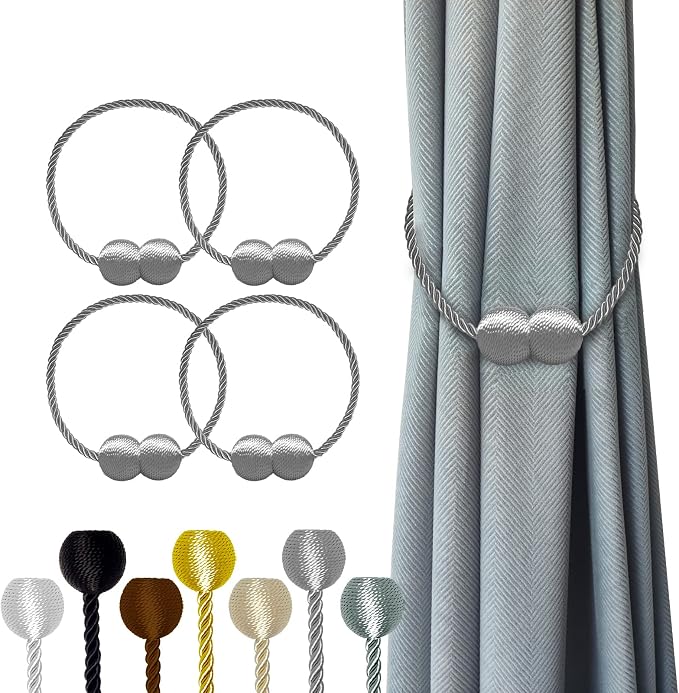 Hion Magnetic Curtain Tiebacks Grey 4 Pack, Curtain Tiebacks Buckles Holdbacks by Hion