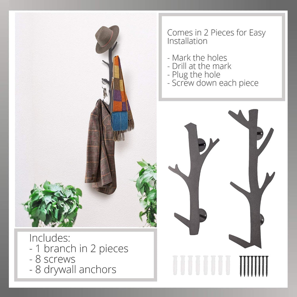 TERRA HOME Tree Branch Coat & Hat Rack Wall Mount with 8 Vertical Hooks f...