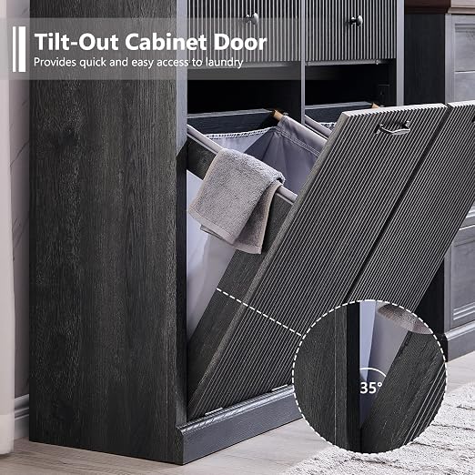 Modern Double Tilt-Out Trash Cabinet, 20 Gallon Fluted Laundry Hamper Cabinet - Image 7