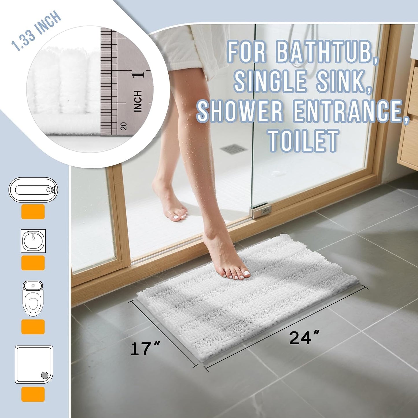 Yimobra Bathroom Rug Mat, Non Slip and Super Absorbent Bath Mat, Machine Washable Quick Dry, Ultra Plush Chenille Shower Rugs for Bathroom Floor Sink Tub and Shower Outside, White, 24 x 17