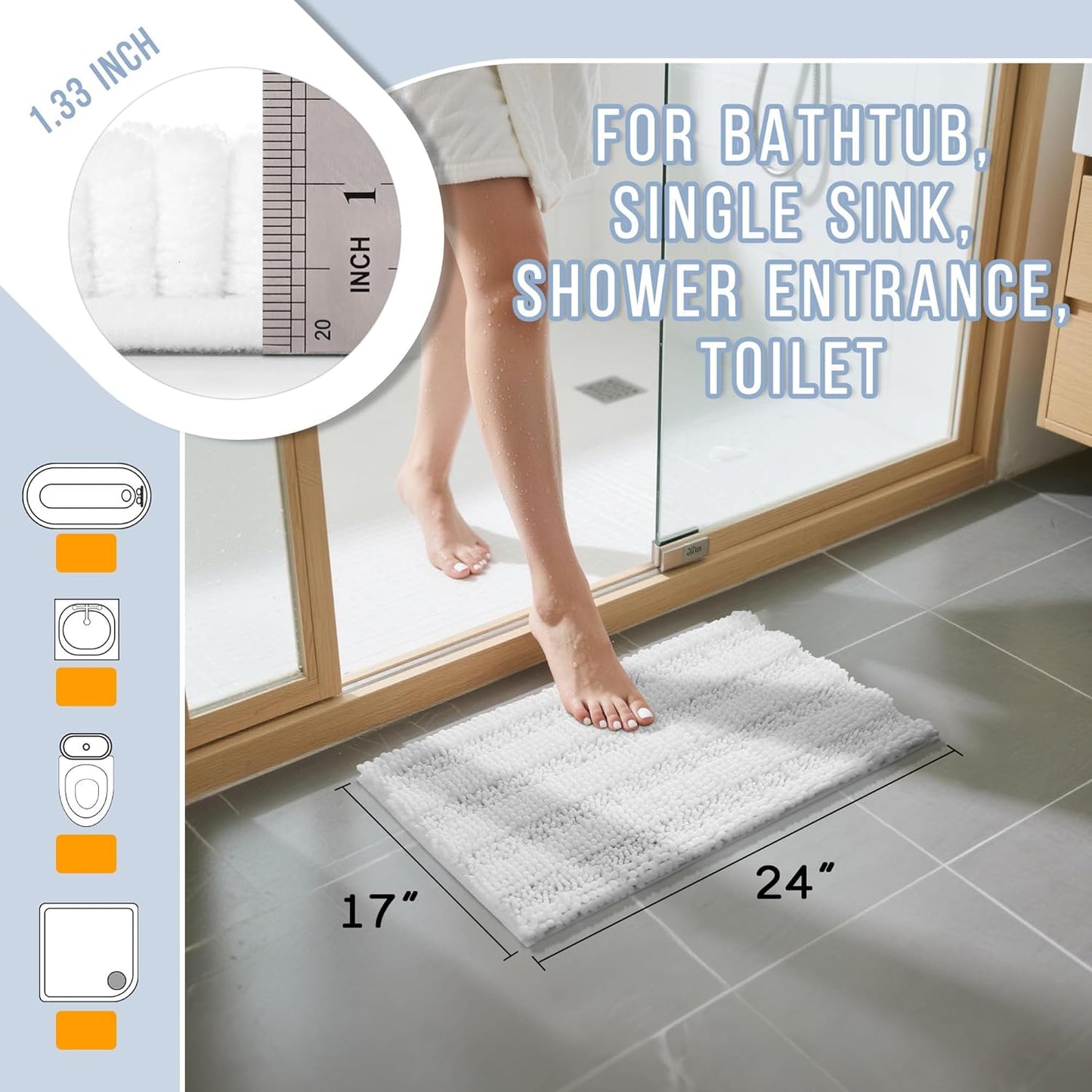 Yimobra Bathroom Rug Mat, Non Slip and Super Absorbent Bath Mat, Machine Washable Quick Dry, Ultra Plush Chenille Shower Rugs for Bathroom Floor Sink Tub and Shower Outside, White, 24 x 17