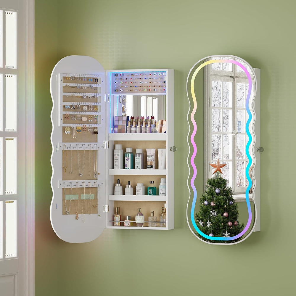 HNEBC LED Mirror Jewelry Cabinet with RGB Lights,42.5" Wall Mounted Jewe...