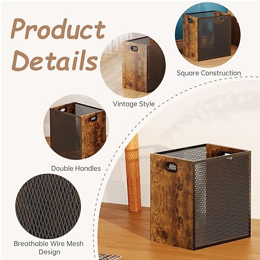 Retro Office Trash Can, Iron and Wood Combination Bedroom Garbage Can, - Image 6