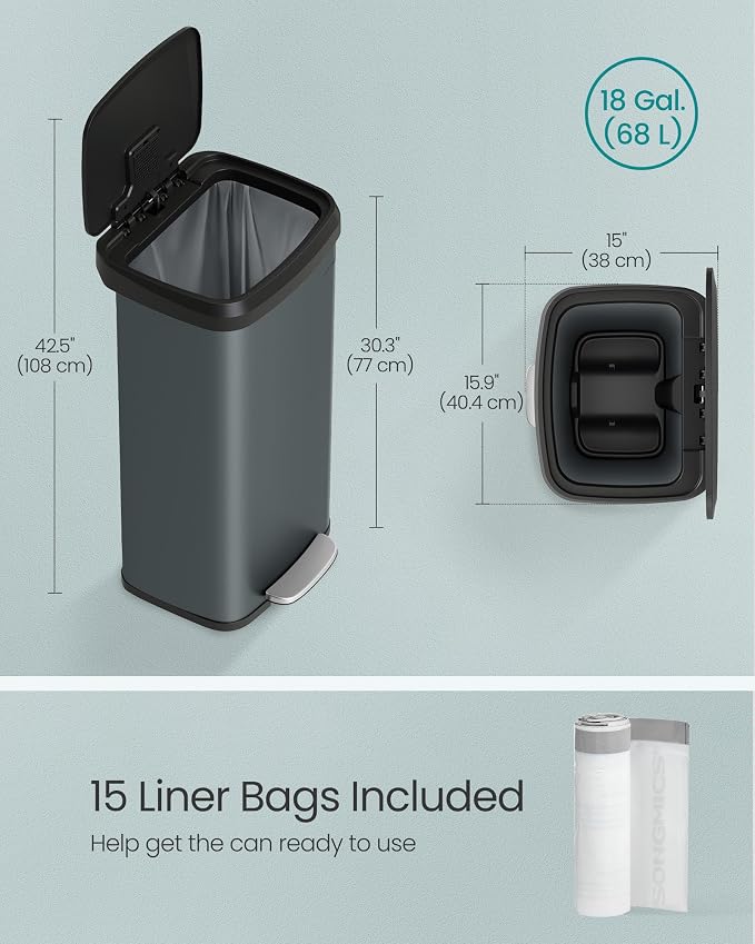 SONGMICS Kitchen Trash Can, 18-Gallon Stainless Steel Garbage Can, - Image 6