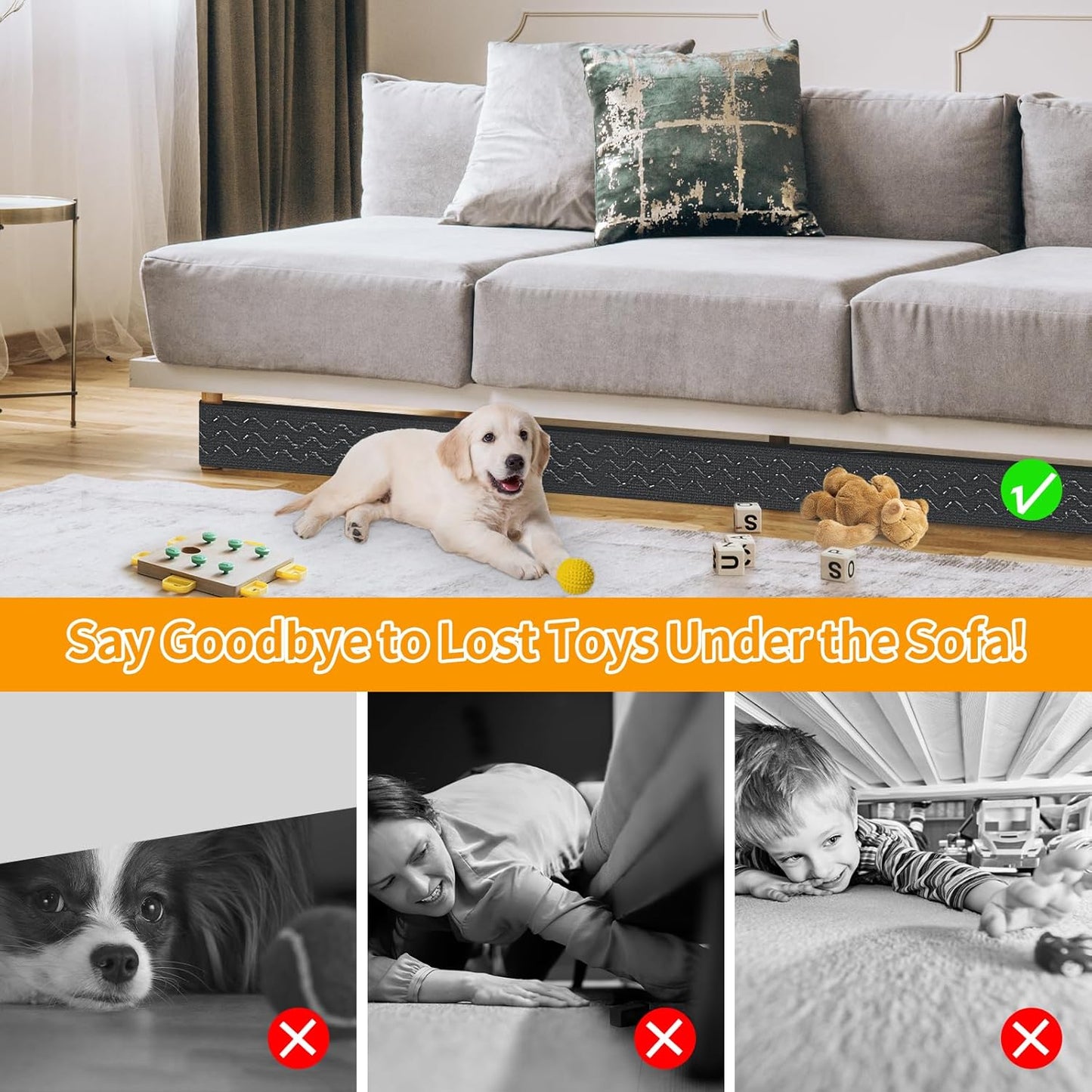 Under Couch Blocker for Kid and Pet Toys, Adjustable Toy Blocker for Under Couch, Toy Blocker Stop Things from Going Under Sofa, Bed, and Other Furniture, Easy to Install, 3" x 157 inch