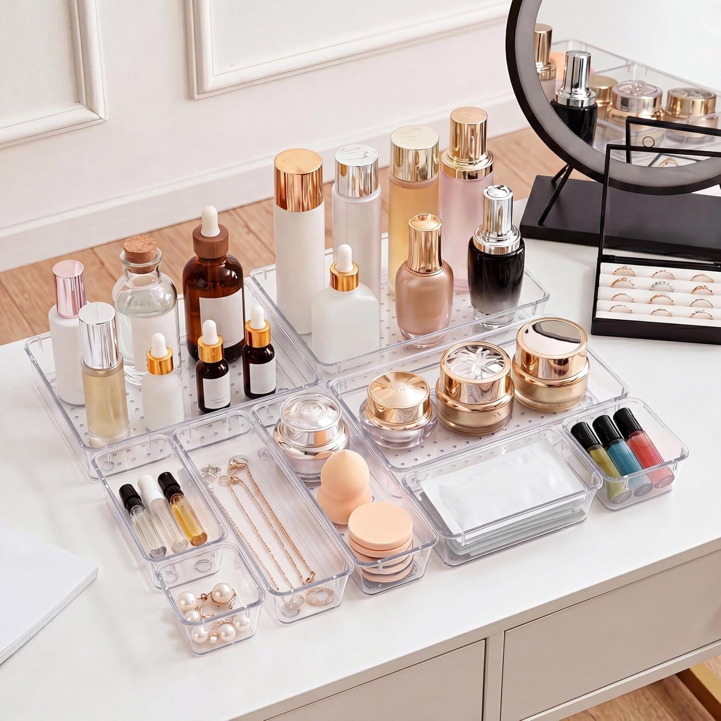13 Pcs Desk Organizer Tray for Makeup, 5 Sizes Vanity Makeup Drawer Organizer Set, Non-Slip Desk Drawer Organizer Trays for Bathroom, Bedroom, Office, Fits Jewelry