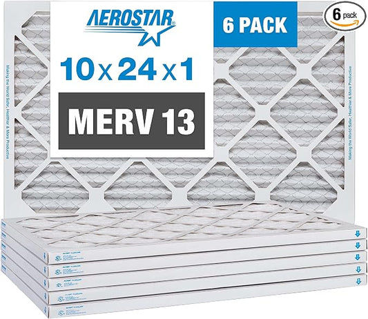Aerostar 10x24x1 MERV 13, Pleated Air Filter, Box of 6, Made in the USA by AirFiltersDelivered