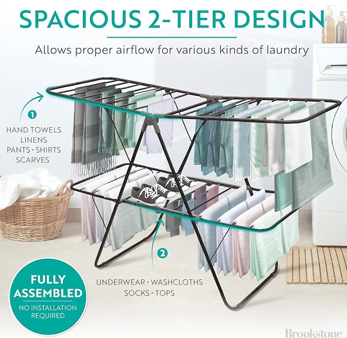Brookstone 2 Tier Folding Rack – Indoor/Outdoor Collapsible Clothes Dryer Stand - Image 3