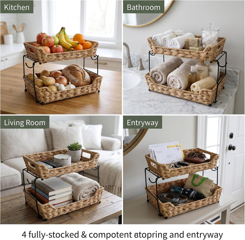 2-Tier Round Faux Rattan Wicker Storage Basket with Metal Frame, Countertop O...
