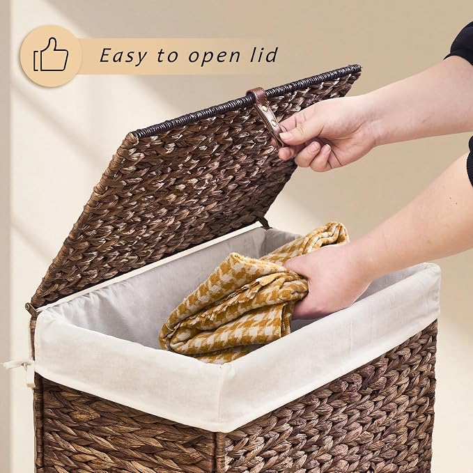 Handwoven Laundry Basket with Lid, Natural Water Hyacinth Storage Basket with - Image 4