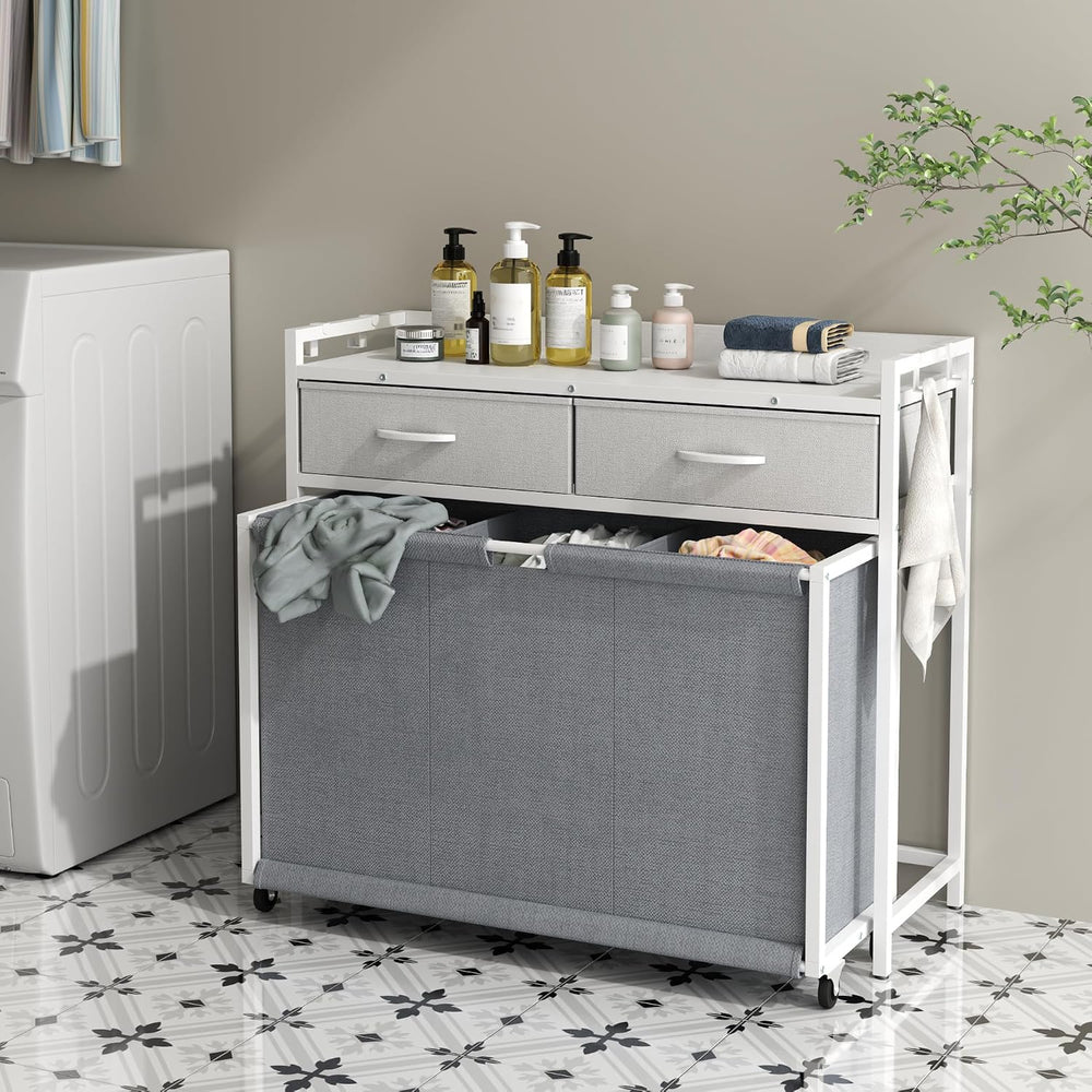 Laundry Hamper Laundry Basket with 3 Section Pull-Out Rolling Bags, Laundry S...