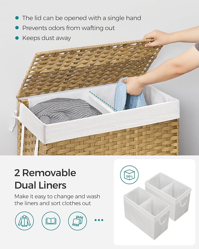 SONGMICS Laundry Hamper with Lid, 130L Clothes Hamper with 2 Removable Liner - Image 3