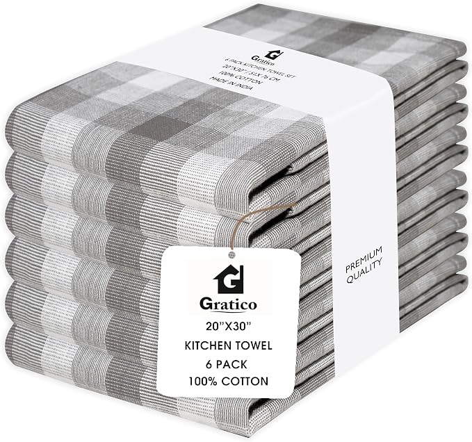 Kitchen Towels Set of 6 Grey/White Checks 20x30 Inches 100% Cotton Highly by Gratico