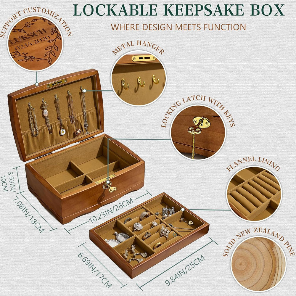 Personalized Wooden Jewelry Box, Customized Double Layer Retro Jewelry Organi...