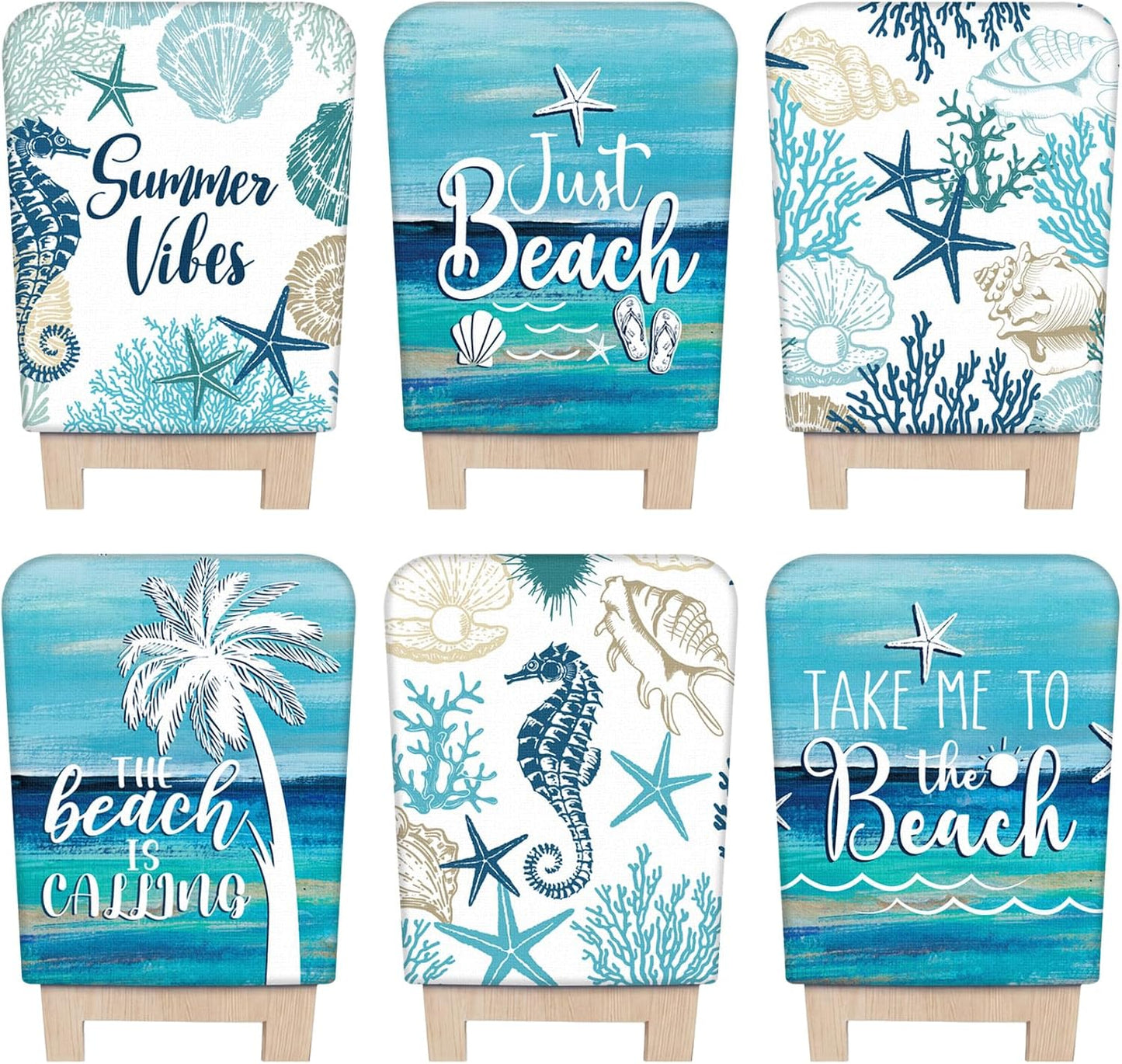 FuWeave 6 Pcs Summer Beach Chair Covers Blue Ocean Coastal Chair Back Covers Decorative Starfish Coral Seat Protector Washable Nautical Dining Room Slipcovers for Farmhouse Hotel Kitchen Decor