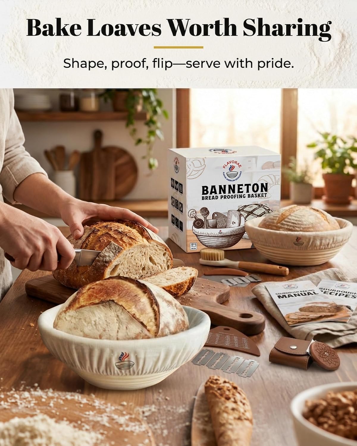 Banneton Bread Proofing Basket with Liners - Natural Rattan Dough Riser, Sourdough Bread Basket, Artisan Bread Loaves, Homemade Bread Making - 2 Pack 9" Round Basket Set