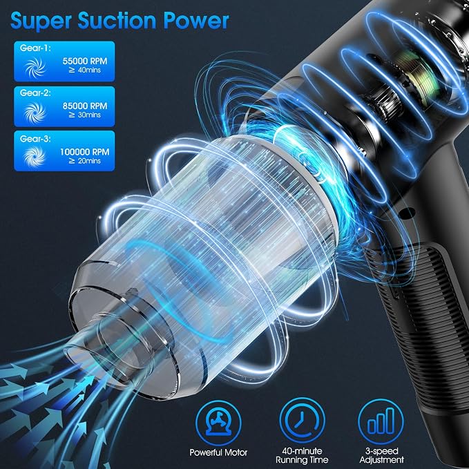 Compressed Air Duster, 100000RPM Handheld Car Vacuum/Air Blower& Pump, 3 Gear - Image 8