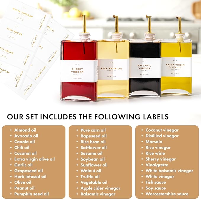 Glass Olive Oil Dispenser Bottle Set: 36 Premium Gold Labels, Oil Dispenser - Image 5