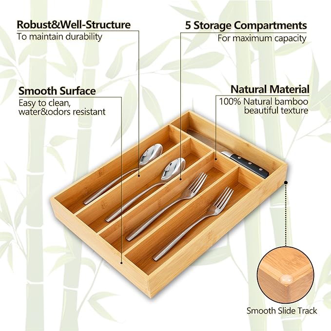 Silverware Organizer, 10 Inch Utensil Organizer Kitchen Drawer Organizer Bamboo - Image 3