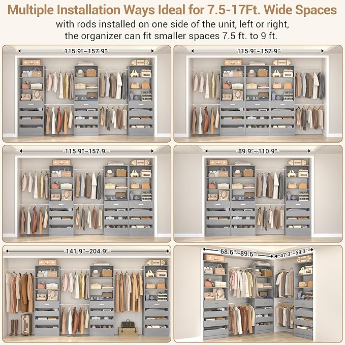 Aheaplus Closet System with 12 Drawers, 8.5-11.5Ft Wood Closet Organizer System - Image 2