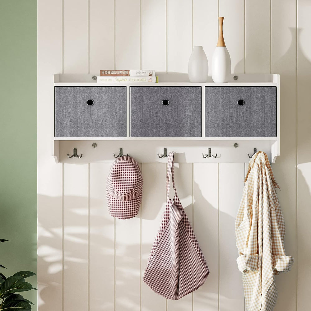 Mondeer Wooden Coat Rack Shelf Wall Mounted with 3 Baskets 5 Hooks White