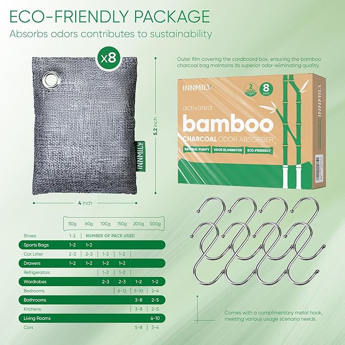Activated Charcoal Odor Absorber, 8 Pack w Hooks Nature Odor Eliminator - Image 9